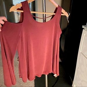 burgundy open-shoulder top
